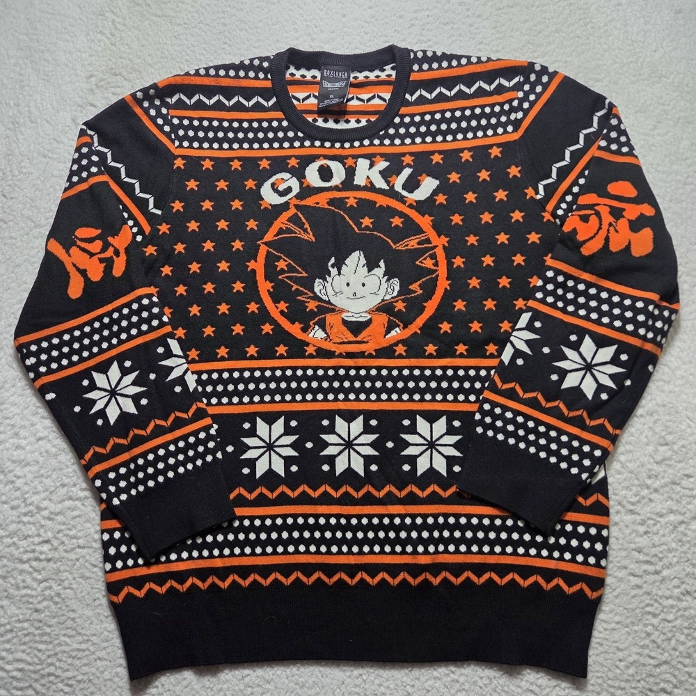 Dragon Ball Z Goku Christmas Sweater Men Size XL Black Orange Stretch Comfy